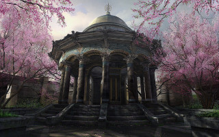 Gazebo pink trees park steps - step free wallpaper