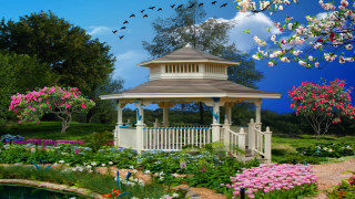 Gazebo flowers trees park pond - flower and trees free wallpaper