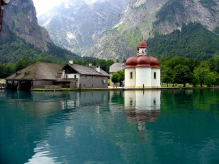 Church lake mountains trees reflection - a church free wallpaper