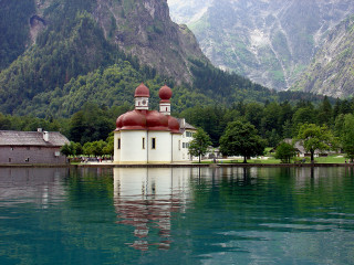 Church lake mountains trees reflection 2 - a church free wallpaper