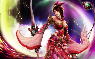 Woman red dress sword ball - background behind her free wallpaper