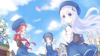 Anime girls street corner buildings - sunny day free wallpaper