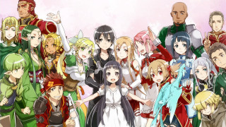 Anime group holding hands pink 2 - official art free wallpaper for desktop