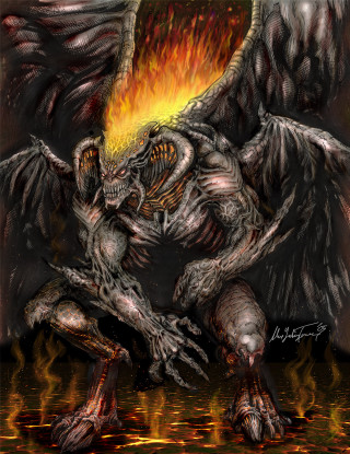 Demonic creature burning head wings - dark fantasy art free wallpaper