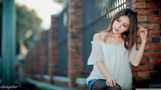 Woman leaning brick wall hand 2 - mesh wire free wallpaper