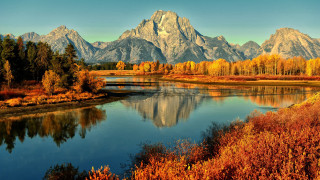 River mountain trees blue sky - ansel adams free wallpaper