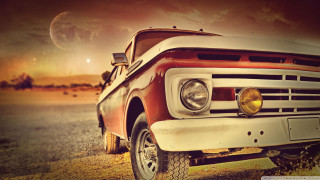 Red truck grass field trees - cinematic photography free wallpaper