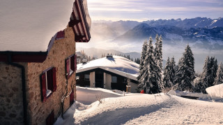 House snow mountain trees forest - beautiful landscape free wallpaper