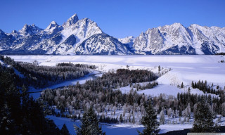 Snowy landscape mountains trees river 2 - a snowy landscape free wallpaper