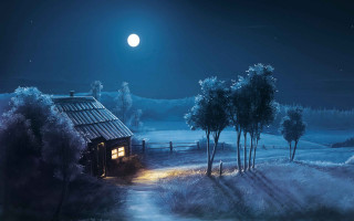 Cabin woods night full moon 4 - a full moon in the sky above free wallpaper