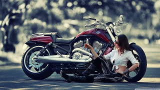 Woman sitting motorcycle street trees - great free wallpaper