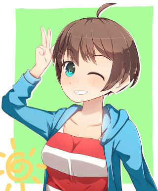 Cartoon girl peace sign blue - a green background free wallpaper