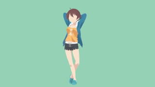 Woman yellow shirt black shorts - her leg free wallpaper