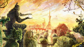 Man sitting statue city bird - solarpunk free wallpaper