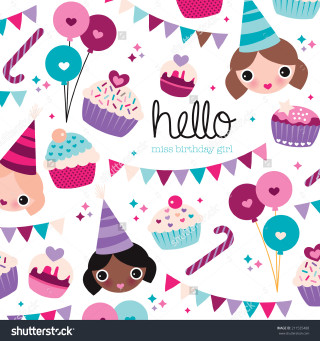 Birthday card girl cupcakes balloons - naive free wallpaper