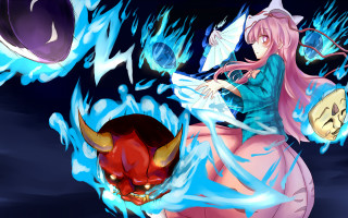 Woman sitting demon head blue - baiōken eishun free wallpaper for desktop