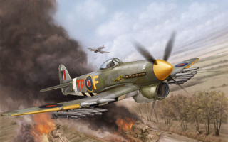 Fighterjet over grass trees sky - a painting of a fighter free wallpaper