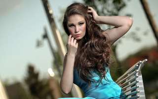 Woman bench ponytail blue dress - palm tree free wallpaper