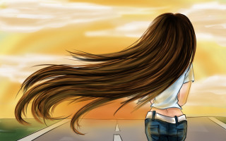 Woman walking road hair wind - flowing hair free wallpaper