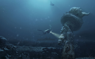 Scuba diver statue ocean shark 2 - a scuba diver free wallpaper
