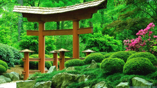 Japanese garden wooden gate rocks - pink free wallpaper for desktop