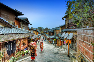 Woman walking street building clock - japan aya goda free wallpaper