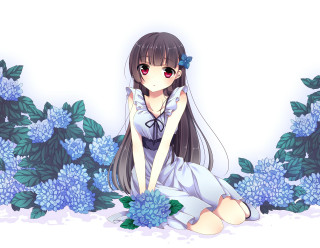 Girl sitting flowers blue hair - flower free wallpaper