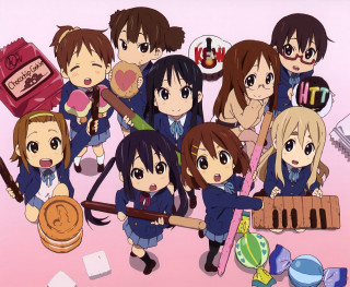 Anime group pink background posing - a picture together free wallpaper