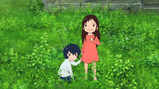 Girl boy field grass building - in the foreground free wallpaper