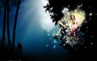 Couple sitting rock water night - chiho aoshima free wallpaper