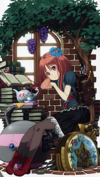 Woman sitting pile of books - still free wallpaper