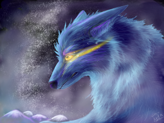 Wolf yellow eyes blue fur - a digital painting free wallpaper