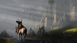 Mountain horse stream fantasy matte - a painting of a man riding free wallpaper