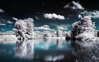 Lake trees clouds blue sky 7 - a matte painting free wallpaper