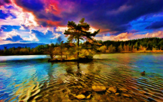 Lake tree cloudy sky painting - impressionist painting free wallpaper