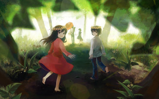 Couple standing grass woods trees - the grass together free wallpaper