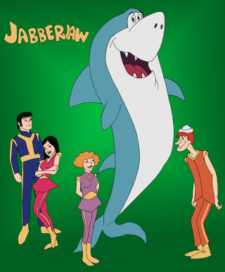 Shark cartoon people green background - retrofuturism free wallpaper