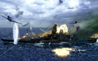 Battleship guns ocean planes flying - overhead free wallpaper