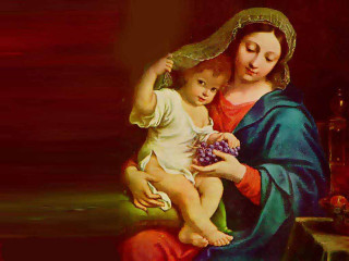Woman child grapes red background - renaissance oil painting free wallpaper