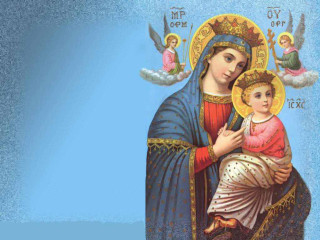 Virgin child angels blue background - renaissance oil painting free wallpaper