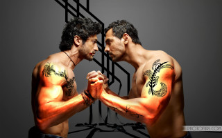Two men tattoos touching hands - hand free wallpaper