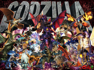 Godzilla group red black background - epic scale free wallpaper