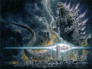 Godzilla fighting city painting sword - his hand and a city in the background free wallpaper