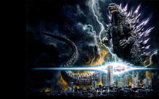 Godzilla city lightning bolts sky - his mouth free wallpaper