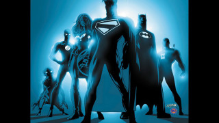 Superheroes standing line blue background - a line free wallpaper