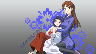 Anime characters chair flowers blue - background behind them free wallpaper