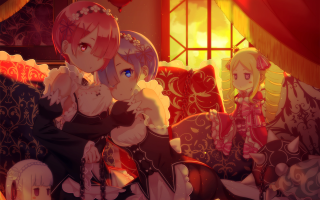 Anime girls couch window red - a red curtain free wallpaper