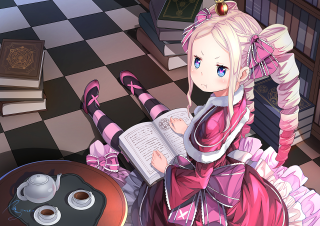 Girl pink dress reading book - floor free wallpaper
