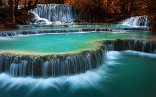 Waterfall pool trees rocks background - free nature wallpaper