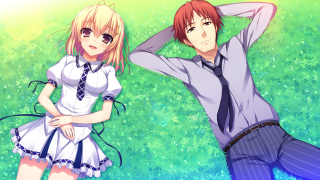 Anime characters couple green field - official art free wallpaper for desktop